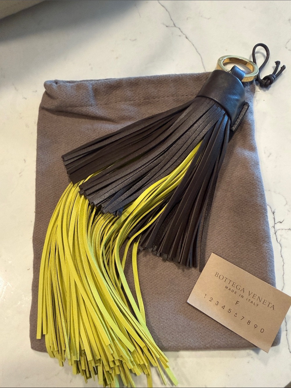 BOTTEGA VENETA Leather Tassel Bag Charm Two Tone Engraved Logo Olive